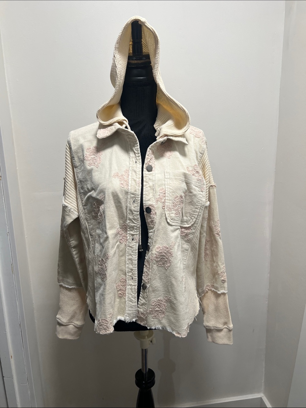 Mystree Cream Hooded Button-Front Jacket with Pink Embroidery